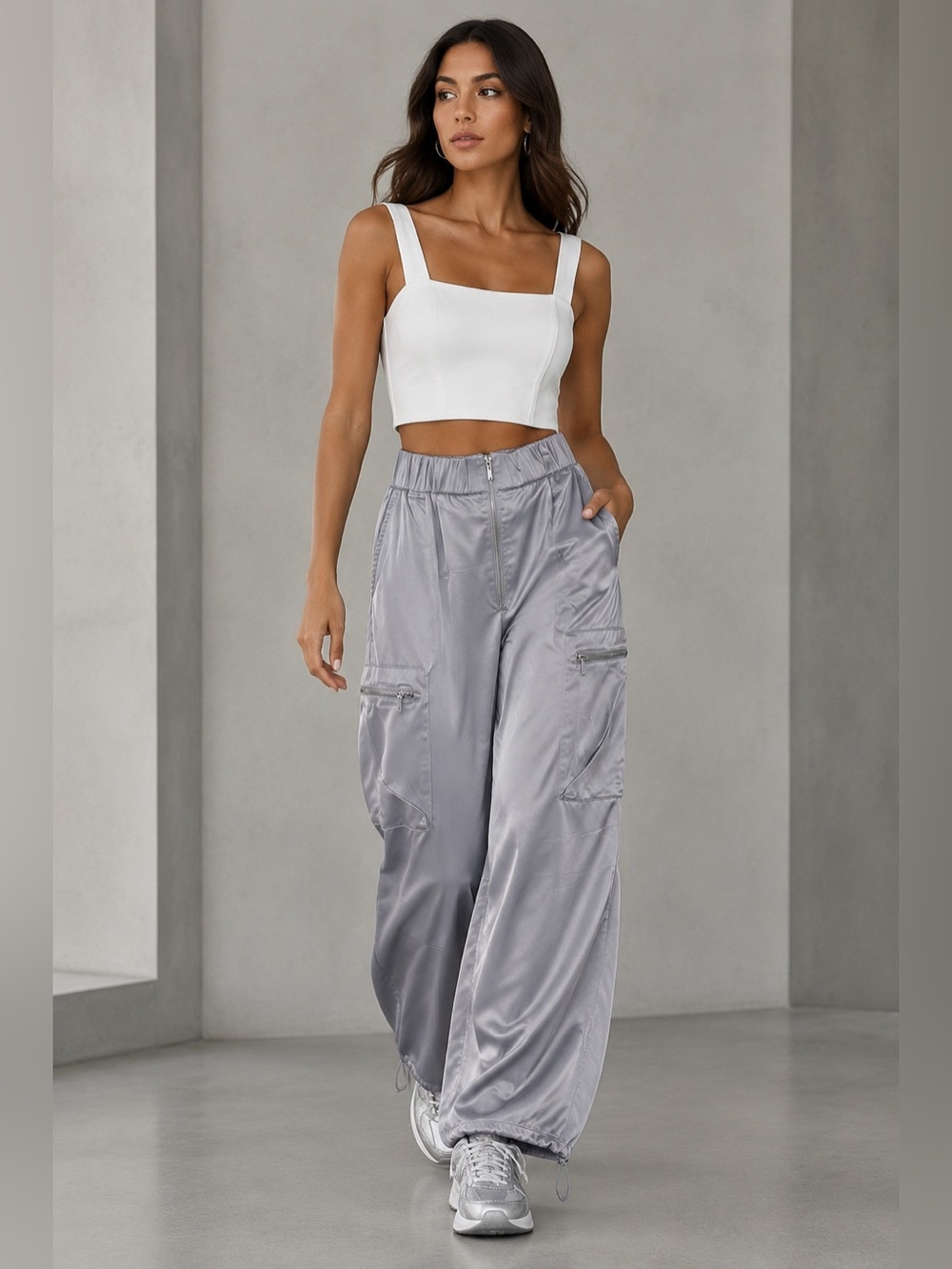 Zara Gray Satin Cargo Parachute Pants Wide Leg Size S - Picture 2 of 14